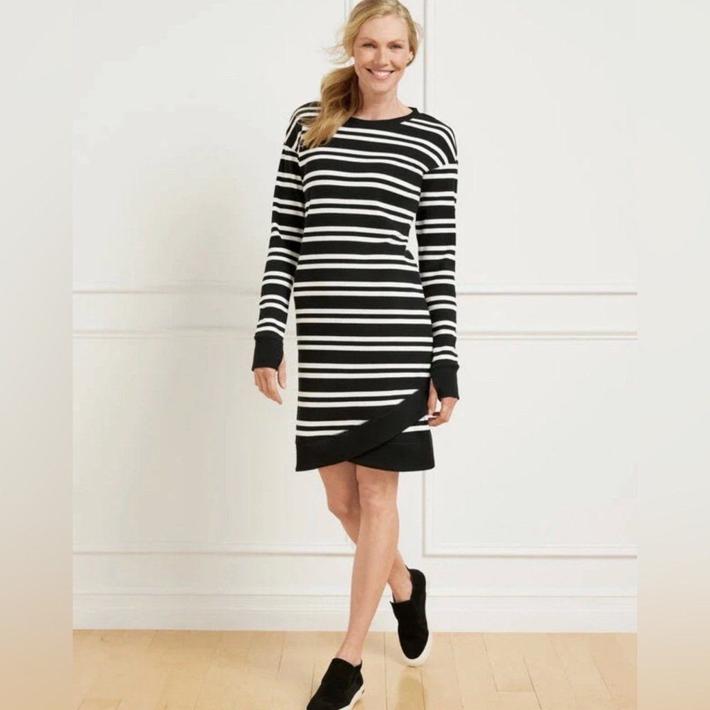 NWT T By Talbots Dress Sz XS Duet Stripe Tulip Hem Crewneck Black & White $129